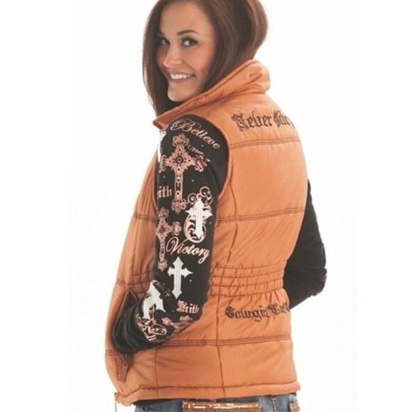 COWGIRL TUFF Co. PUFFER VEST SIP BUTTON DOWN GOLD/BLACK EMBROIDERED SZ S COUNTRY - Picture 2 of 16